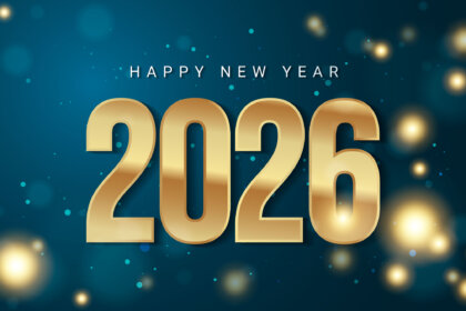 Golden 2026 Happy New Year Design with blue background.
